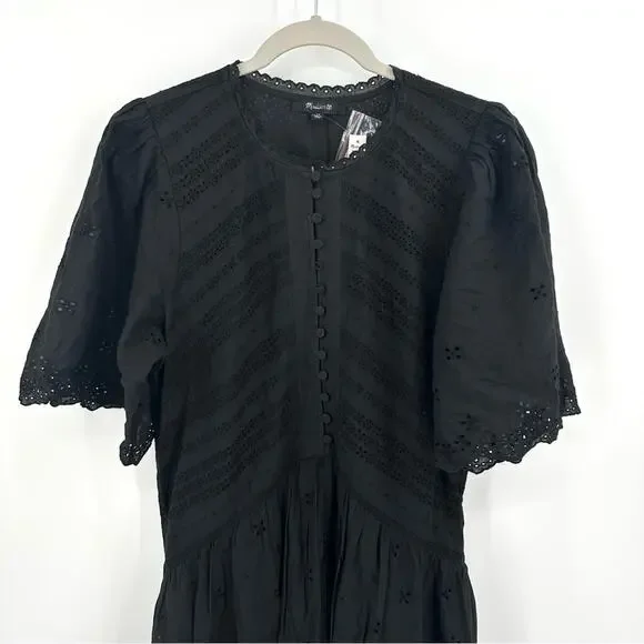 Madewell Eyelet Flutter Sleeve Mini Dress in Cotton Black Size 10